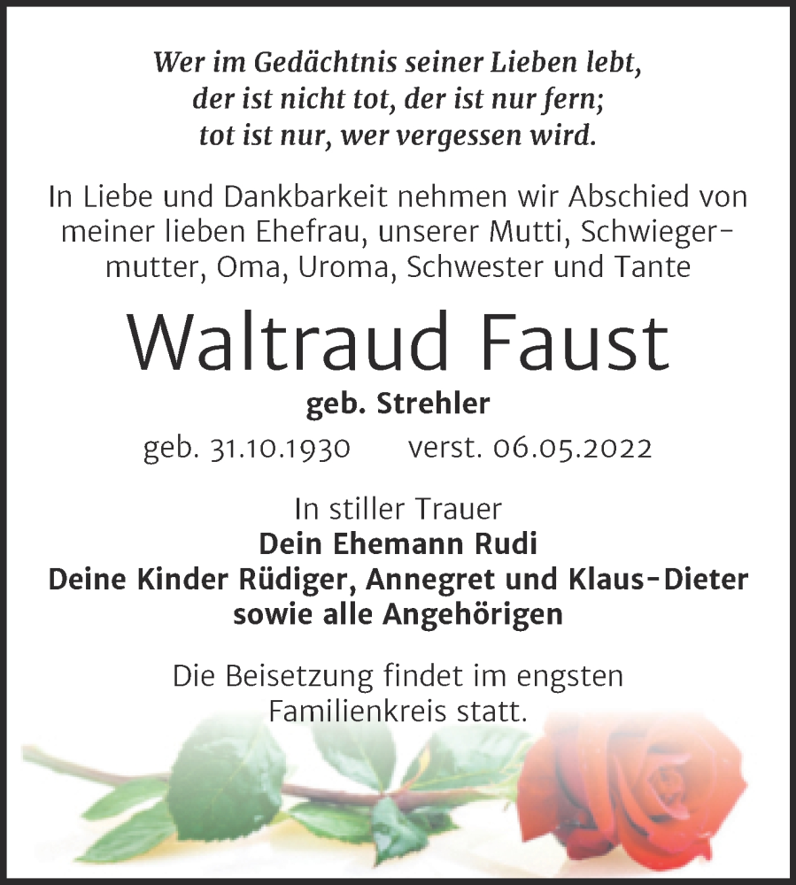  Traueranzeige für Waltraud Faust vom 14.05.2022 aus Trauerkombi Weißenfels