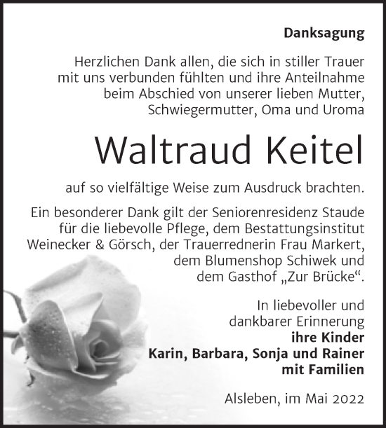 Traueranzeige von Waltraud Keitel von Trauerkombi Bernburg
