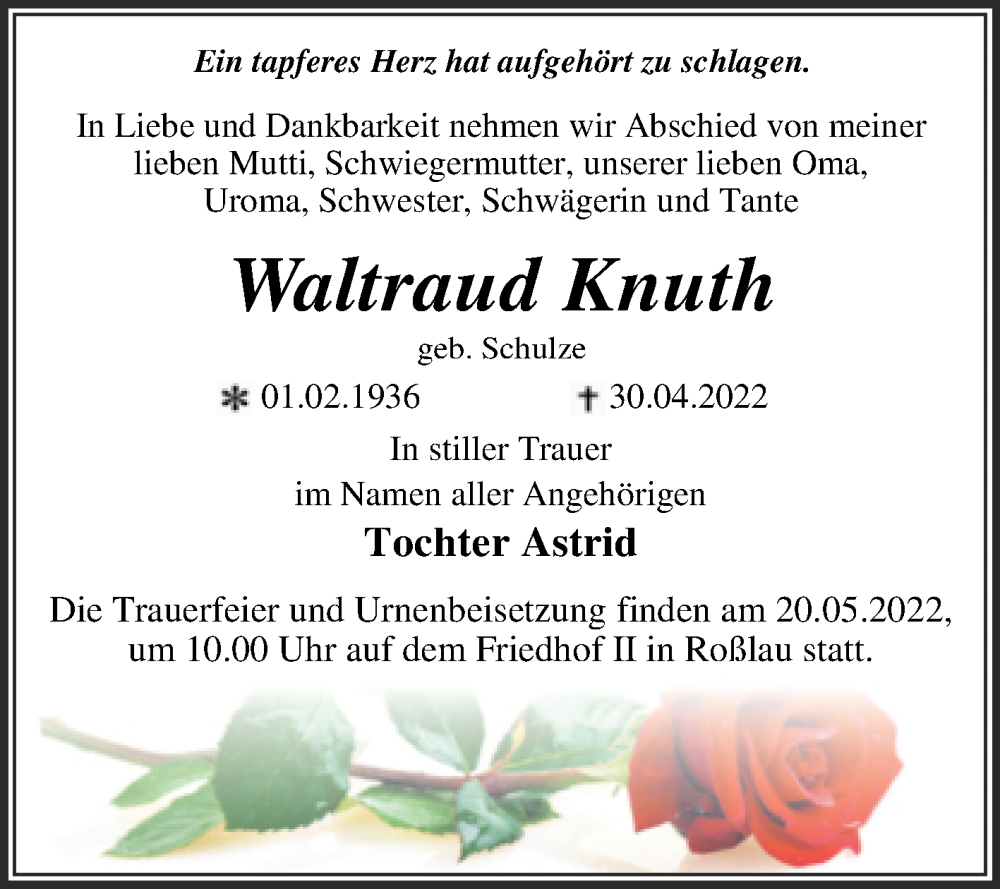  Traueranzeige für Waltraud Knuth vom 07.05.2022 aus Trauerkombi Dessau