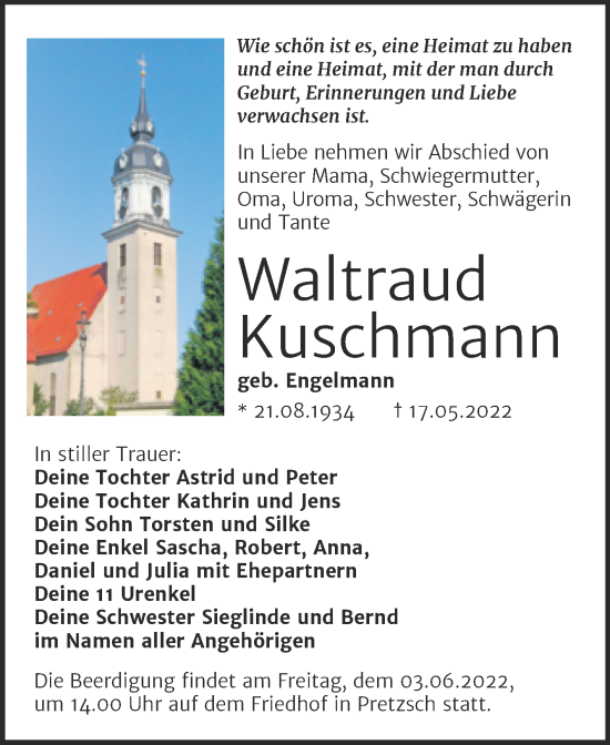 Traueranzeige von Waltraud Kuschmann von Trauerkombi Wittenberg