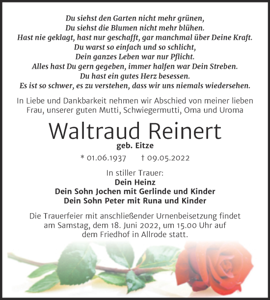 Traueranzeige von Waltraud Reinert von Trauerkombi Quedlinburg