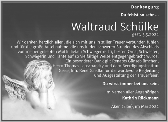Traueranzeige von Waltraud Schülke von Trauerkombi Köthen