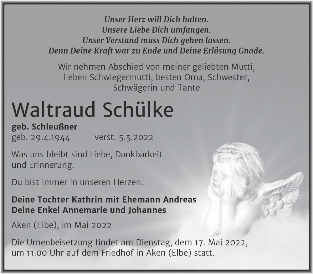  Traueranzeige für Waltraud Schülke vom 10.05.2022 aus Trauerkombi Köthen