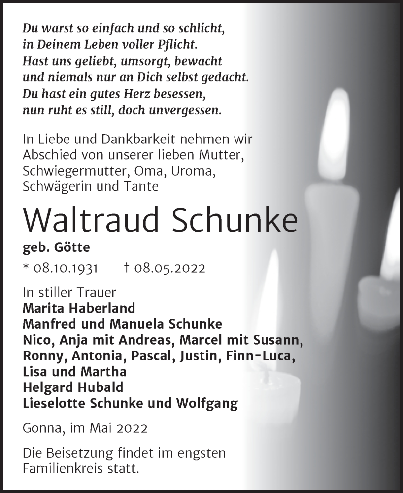  Traueranzeige für Waltraud Schunke vom 13.05.2022 aus Trauerkombi Sangerhausen