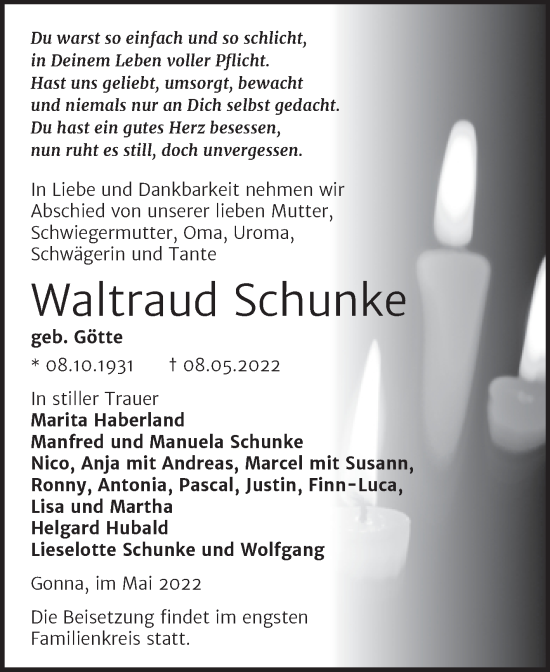 Traueranzeige von Waltraud Schunke von Trauerkombi Sangerhausen