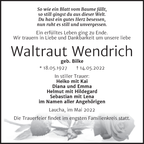 Traueranzeige von Waltraut Wendrich von Wochenspiegel Naumburg/Nebra