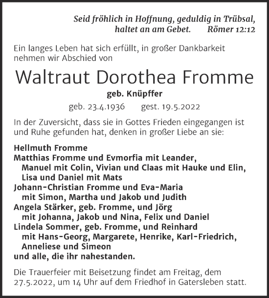 Traueranzeige von Waltraut Dorothea Fromme von Mitteldeutsche Zeitung Aschersleben