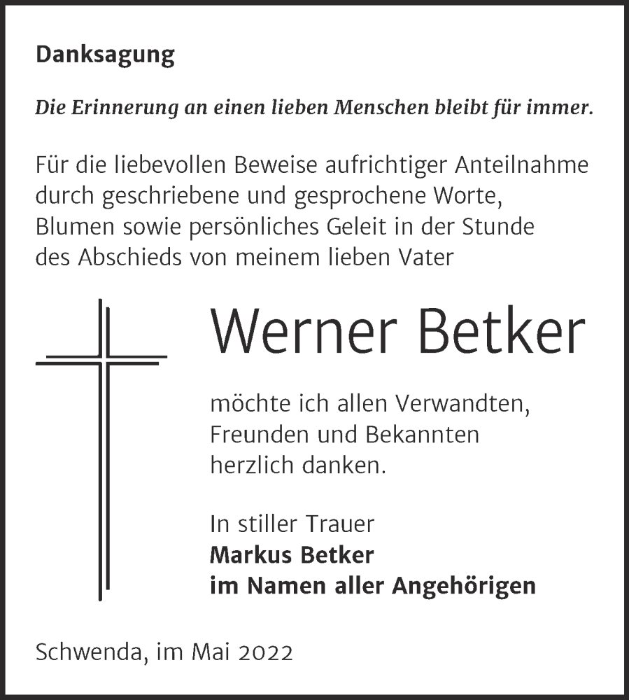  Traueranzeige für Werner Betker vom 21.05.2022 aus Mitteldeutsche Zeitung Sangerhausen