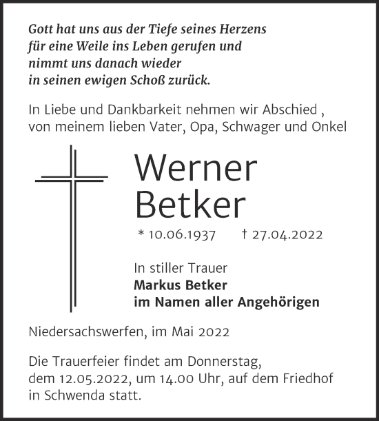 Traueranzeige von Werner Betker von Mitteldeutsche Zeitung Sangerhausen