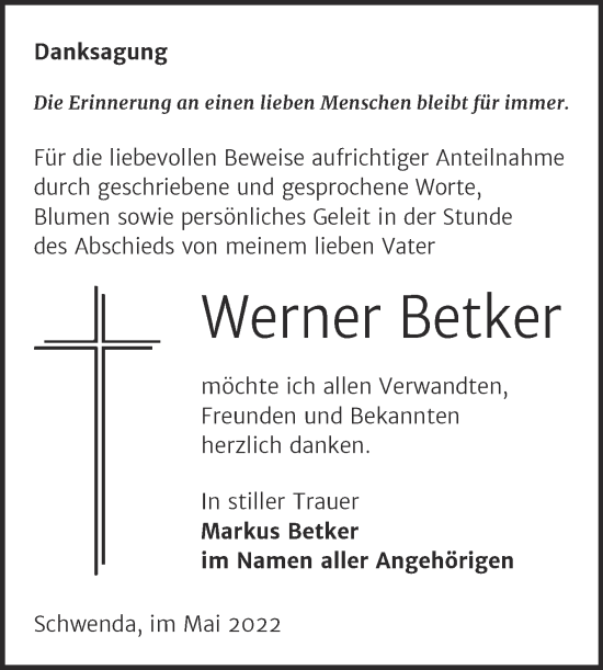 Traueranzeige von Werner Betker von Mitteldeutsche Zeitung Sangerhausen