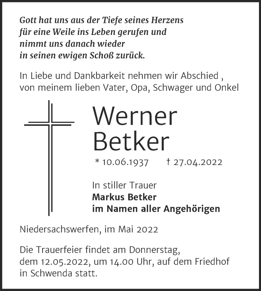  Traueranzeige für Werner Betker vom 07.05.2022 aus Mitteldeutsche Zeitung Sangerhausen