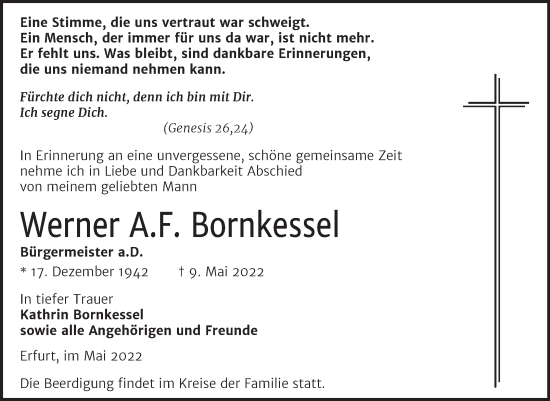 Traueranzeige von Werner  Bornkessel von Naumburger Tageblatt