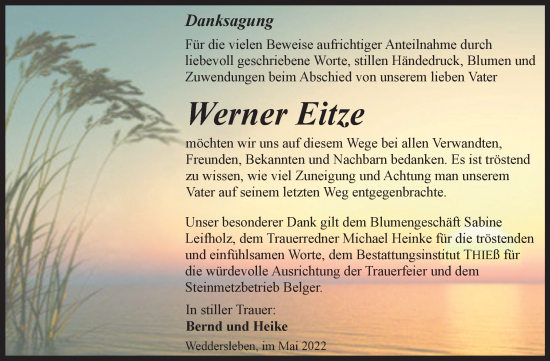 Traueranzeige von Werner Eitze von Super Sonntag Quedlingburg