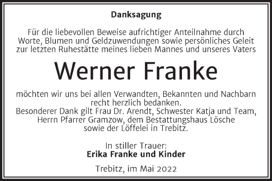 Traueranzeige von Werner Franke von Trauerkombi Wittenberg