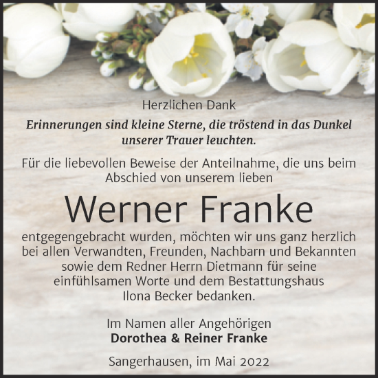 Traueranzeige von Werner Franke von Trauerkombi Sangerhausen