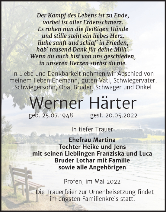 Traueranzeige von Werner Härter von Trauerkombi Zeitz