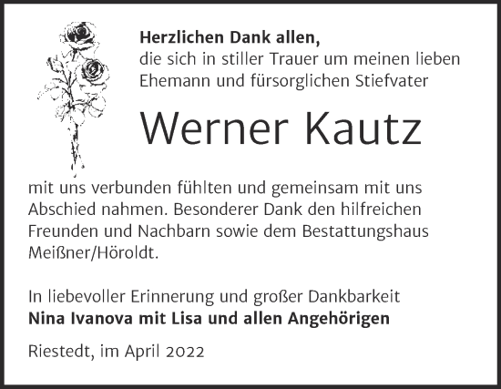 Traueranzeige von Werner Kautz von Trauerkombi Sangerhausen