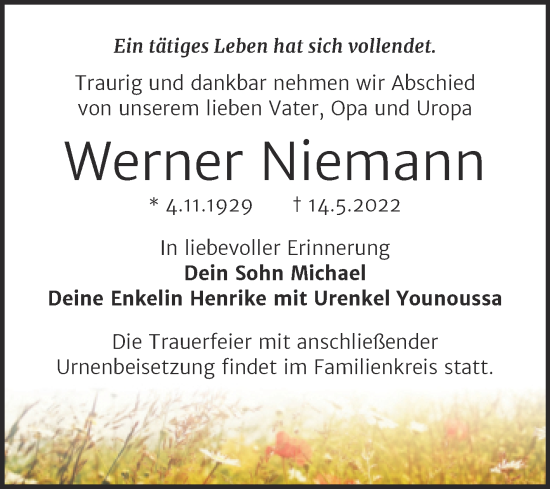 Traueranzeige von Werner Niemann von Mitteldeutsche Zeitung Halle/Saalkreis