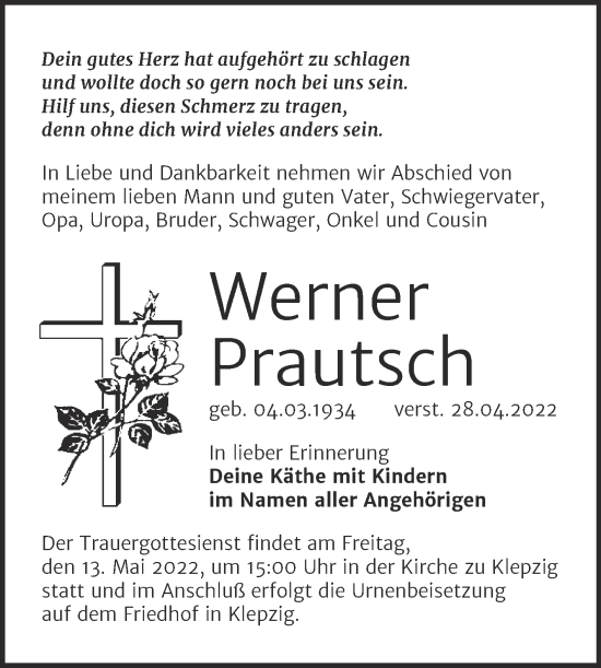 Traueranzeige von Werner Prautsch von Mitteldeutsche Zeitung Halle/Saalkreis