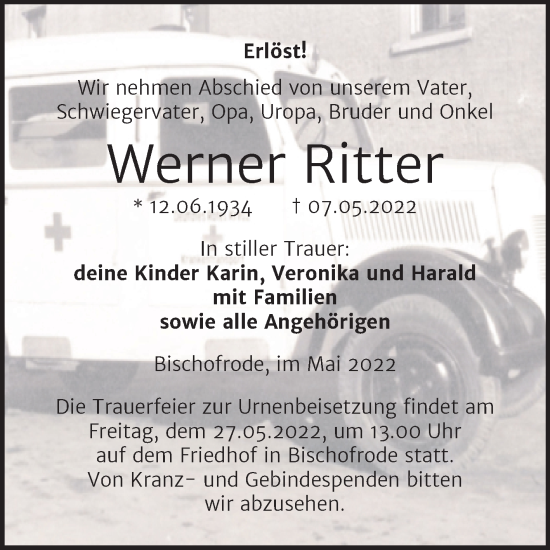 Traueranzeige von Werner Ritter von Trauerkombi Mansfelder Land