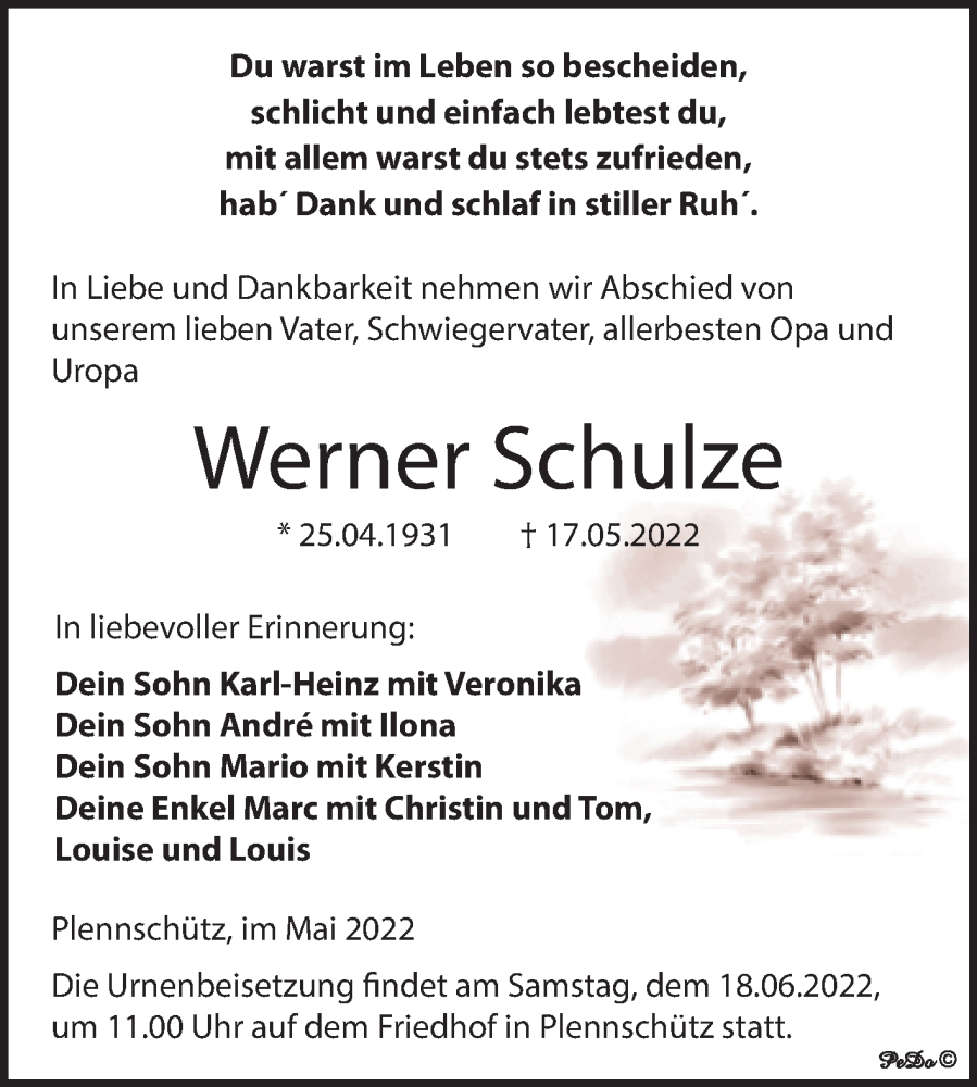  Traueranzeige für Werner Schulze vom 25.05.2022 aus Trauerkombi Weißenfels