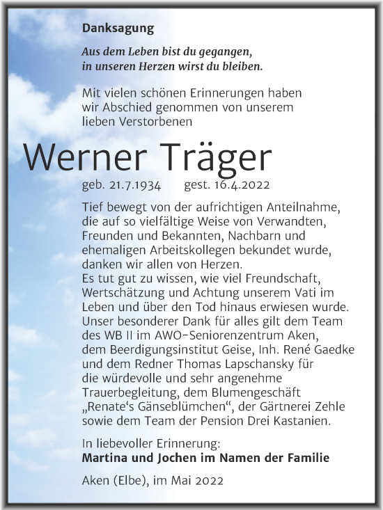 Traueranzeige von Werner Träger von Trauerkombi Köthen