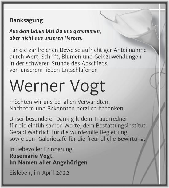 Traueranzeige von Werner Vogt von Trauerkombi Mansfelder Land