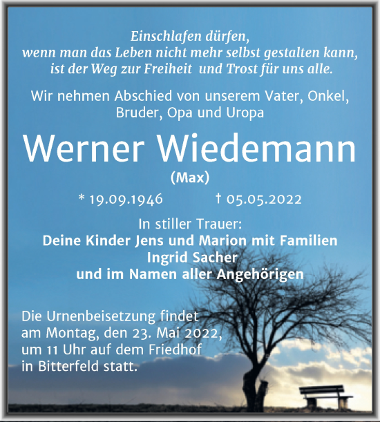 Traueranzeige von Werner Wiedemann von Trauerkombi Bitterfeld