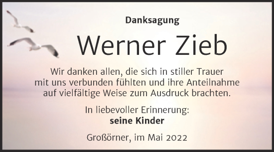Traueranzeige von Werner Zieb von Trauerkombi Mansfelder Land