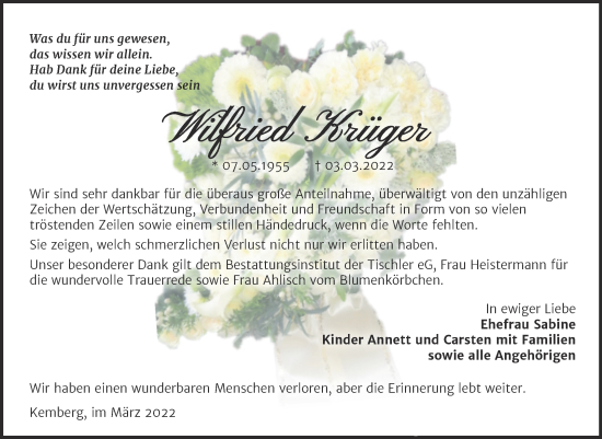 Traueranzeige von Wilfried Krüger von Trauerkombi Wittenberg
