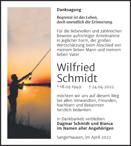Traueranzeige von Wilfried Schmidt von Trauerkombi Sangerhausen