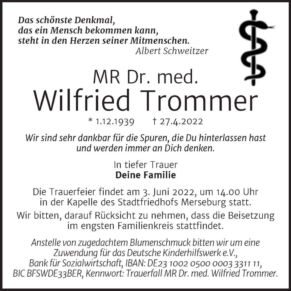  Traueranzeige für Wilfried Trommer vom 20.05.2022 aus Trauerkombi Merseburg