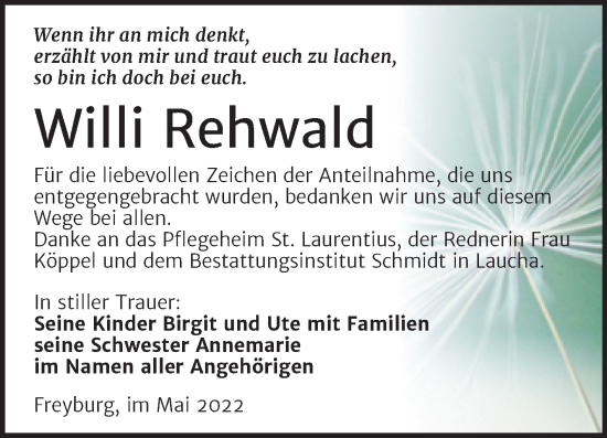 Traueranzeige von Willi Rehwald von Wochenspiegel Naumburg/Nebra
