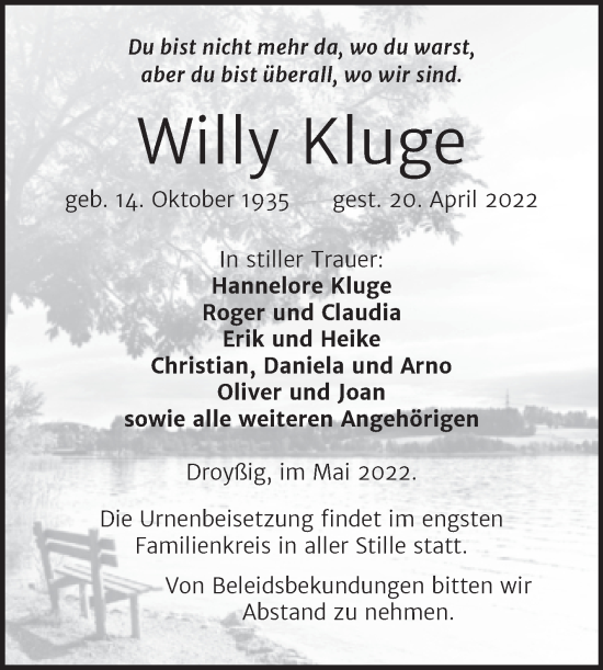 Traueranzeige von Willy Kluge von Trauerkombi Zeitz