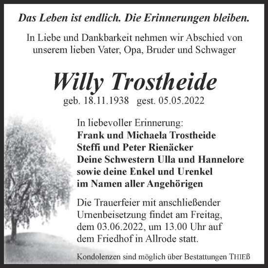 Traueranzeige von Willy Trostheide von Trauerkombi Quedlinburg