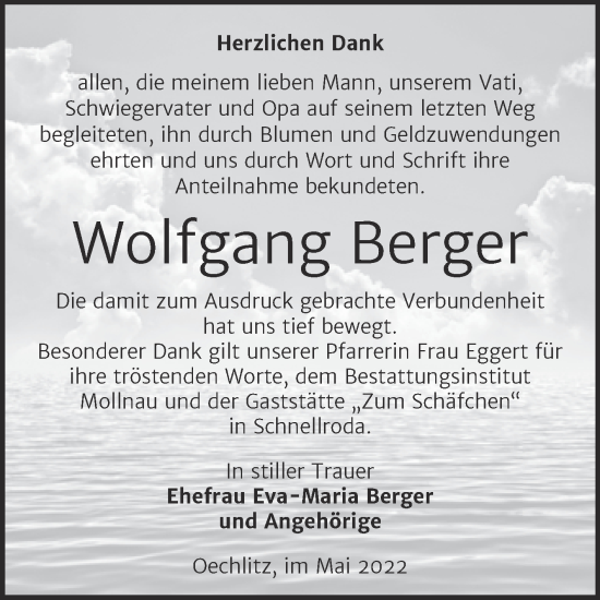 Traueranzeige von Wolfgang Berger von Trauerkombi Merseburg