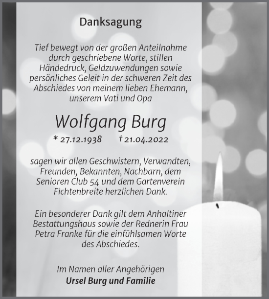 Traueranzeige von Wolfgang Burg von Trauerkombi Dessau