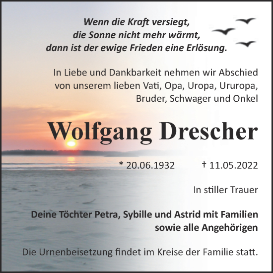 Traueranzeige von Wolfgang Drescher von Trauerkombi Bitterfeld
