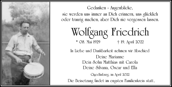Traueranzeige von Wolfgang Friedrich von Trauerkombi Quedlinburg