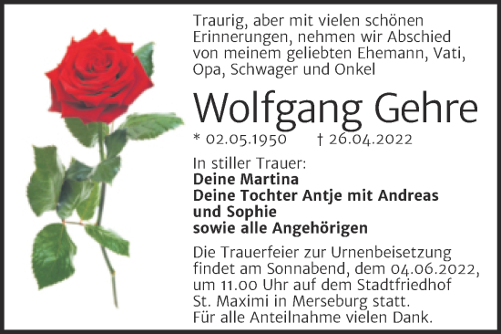 Traueranzeige von Wolfgang Gehre von Trauerkombi Merseburg
