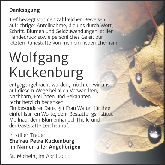 Traueranzeige von Wolfgang Kuckenburg von Trauerkombi Merseburg