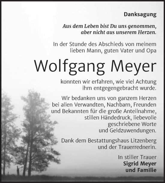 Traueranzeige von Wolfgang Meyer von Trauerkombi Mansfelder Land