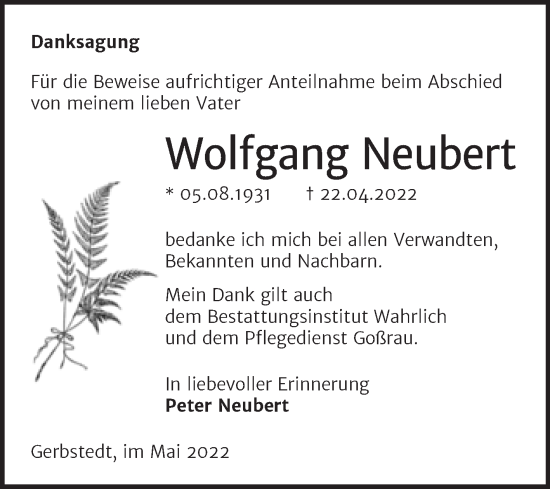 Traueranzeige von Wolfgang Neubert von Mitteldeutsche Zeitung Mansfelder Land