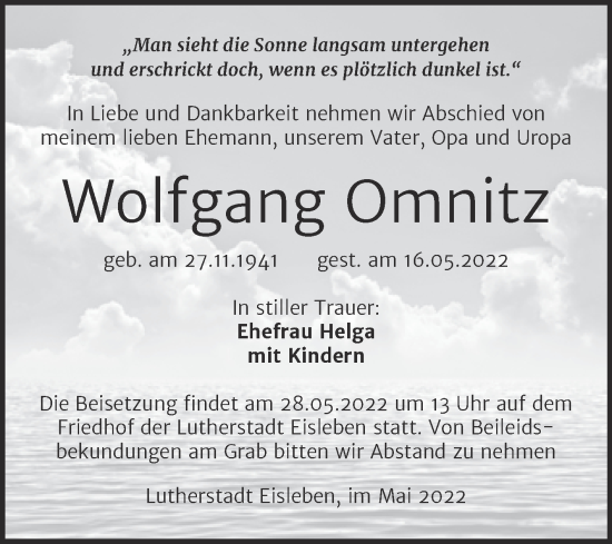Traueranzeige von Wolfgang Omnitz von Mitteldeutsche Zeitung Mansfelder Land