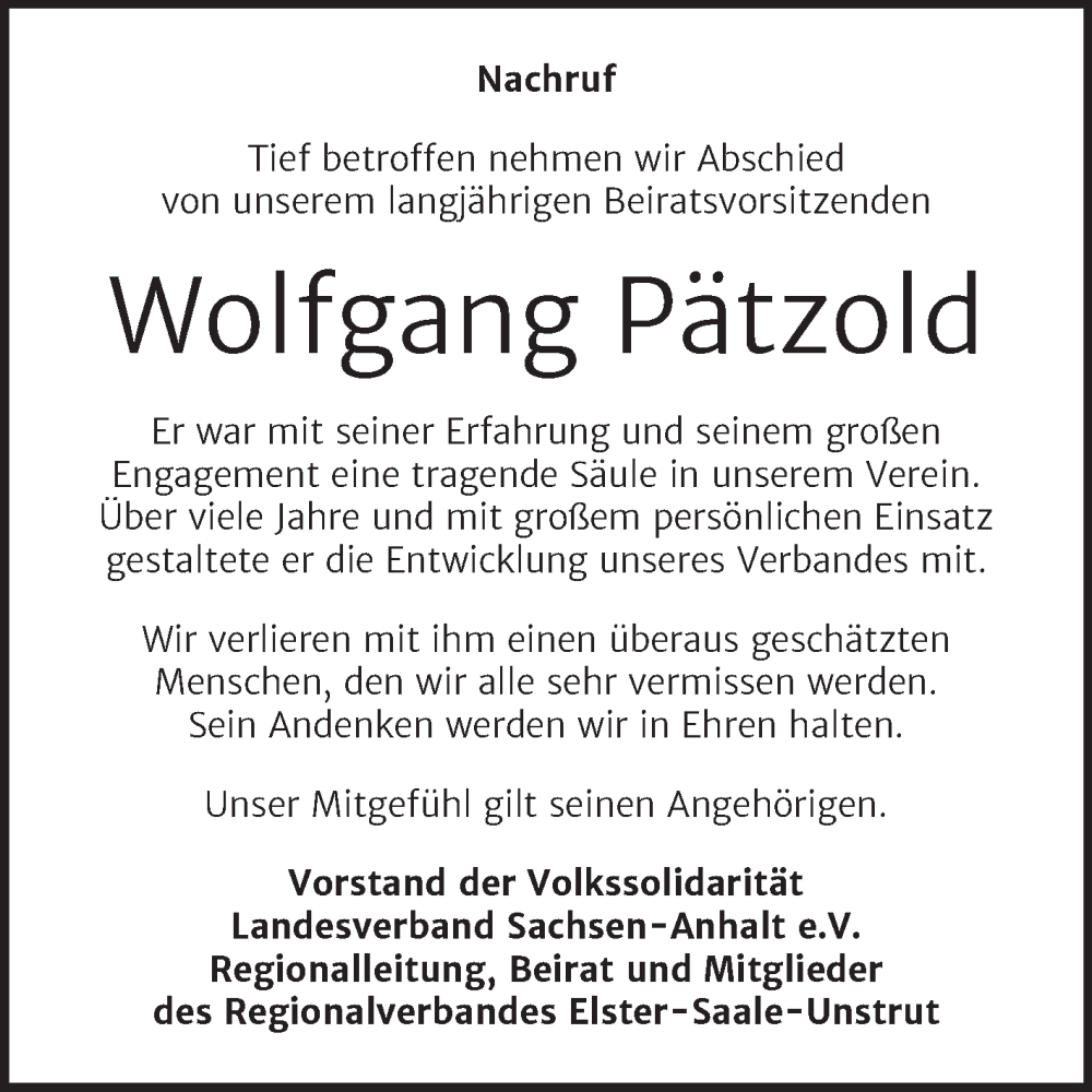  Traueranzeige für Wolfgang Pätzold vom 25.05.2022 aus Wochenspiegel Naumburg/Nebra