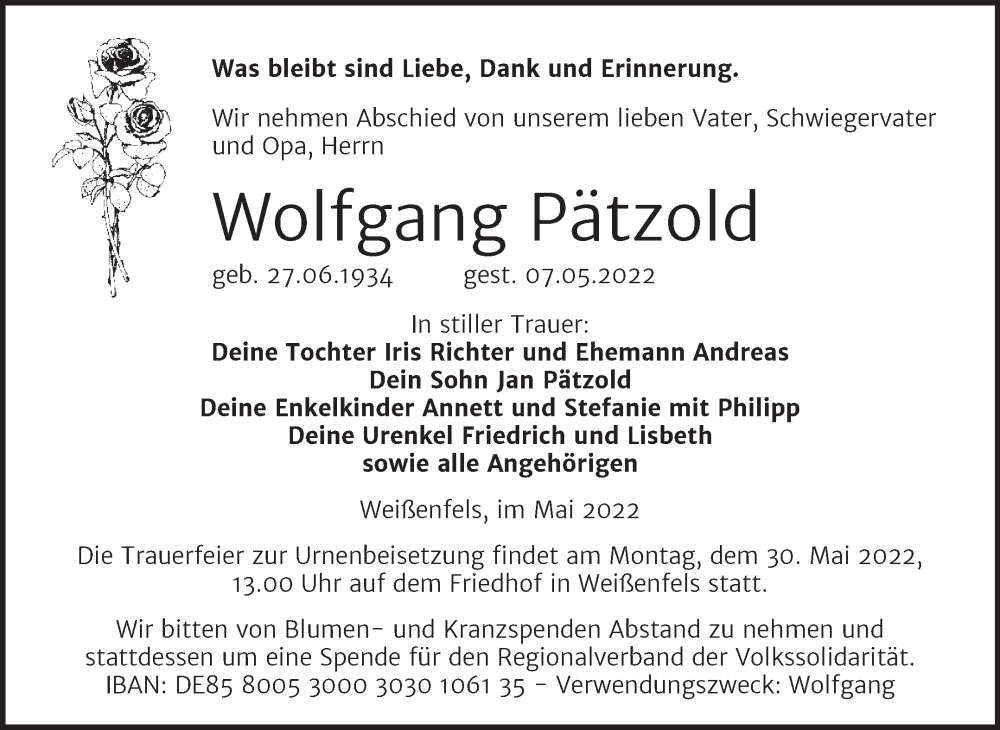  Traueranzeige für Wolfgang Pätzold vom 25.05.2022 aus Wochenspiegel Weißenfels