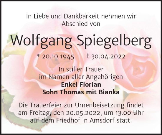 Traueranzeige von Wolfgang Spiegelberg von Trauerkombi Mansfelder Land