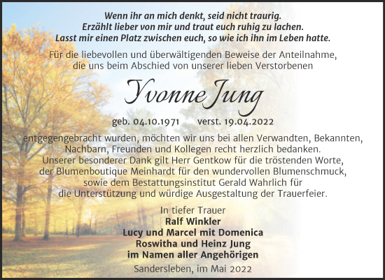 Traueranzeige von Yvonne Jung von Trauerkombi Mansfelder Land