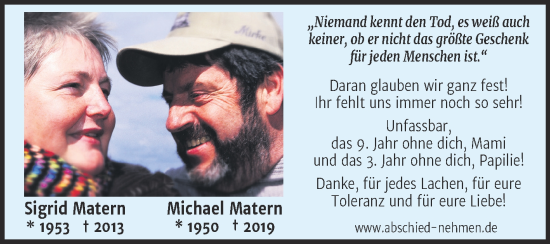 Traueranzeige von Sigrid Matern von Mitteldeutsche Zeitung Halle
