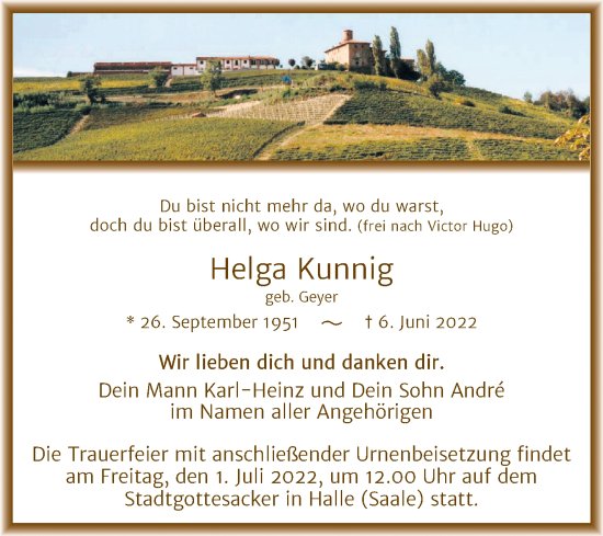 Traueranzeige von Helga Kunnig von Mitteldeutsche Zeitung Halle/Saalkreis